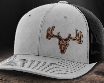 Deer Hunting Hat, Deer Skull, Deer Hat, Hunting Hat, decal-cut leather patch trucker hat for deer hunters, gift for deer hunter.