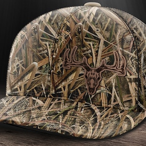Deer Hunting Hat, Deer Skull, Deer Hat, Hunting Hat, decal-cut leather patch trucker hat for deer hunters, gift for deer hunter.
