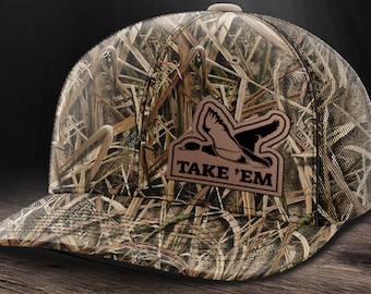 Take 'Em Duck Hat, Duck Hunting Hat, Duck Hat, Waterfowl Hunting Hat, die-cut leather patch trucker hat for duck hunters.
