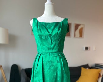 vintage 50s floral jacquard green satin dress / evening / special occasion / glamorous