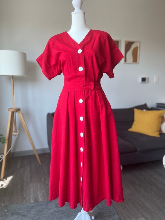 vintage 80s Worthington a-line red dress with whi… - image 1