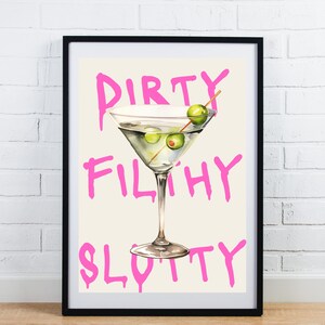 Impresión artística de acuarela de Dirty Martini / Decoración de carrito de Bart / Arte de cocina divertido / Descarga digital / Impresión de pared de cóctel femenino atrevido