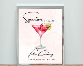 Vodka Cranberry Signature Cocktail Sign, Digital Download Wedding Drink Sign, Bar and Party Decor, Watercolor Cocktail Art
