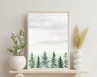 Peaceful Forest Art Print, Evergreen Winter Trees Downloadable Art, Watercolor Wall Art, DIGITAL DOWNLOAD