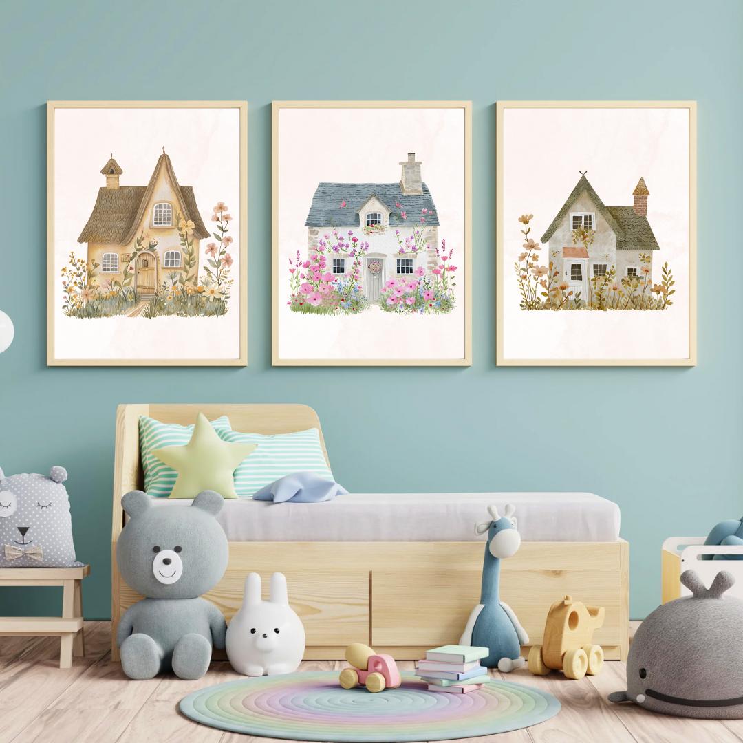 Whimsical Watercolor Spring Cottages | Downloadable Art | DIY Seasonal Gallery Wall | Cute Houses | Nursery Decor