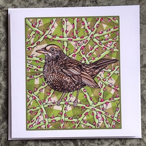 Arte inspirado en la música medieval 'Byrd One Brere' Pájaro en una zarza Ilustración original en inglés medio Dibujo de mirlo Tarjeta de felicitación Impresión artística