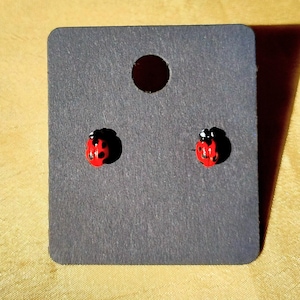 Ladybird Ladybug Tiny Stud Earrings - Handmade Polymer Clay and Gold Coloured Stainless Steel Red and Black Coccinella septempunctata