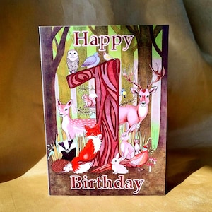 Carte 1er anniversaire Illustration d'animaux de la forêt Renard, lièvre, blaireau, cerf, hérisson, lapin, hermine, écureuil, faisan, hibou