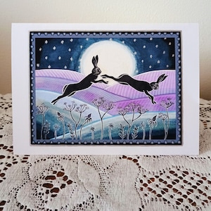 Hazen in maanlicht Art Print wenskaart - nachtelijk landschap - rennende haas silhouetten illustratie handgemaakte kaart