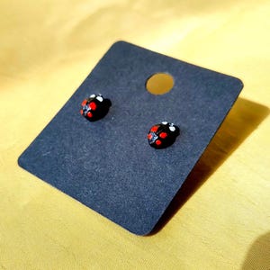 Harlequin Ladybird Ladybug Tiny stud earrings - Handmade Polymer Clay and Gold Coloured Stainless Steel Black and Red Harmonia axyridis