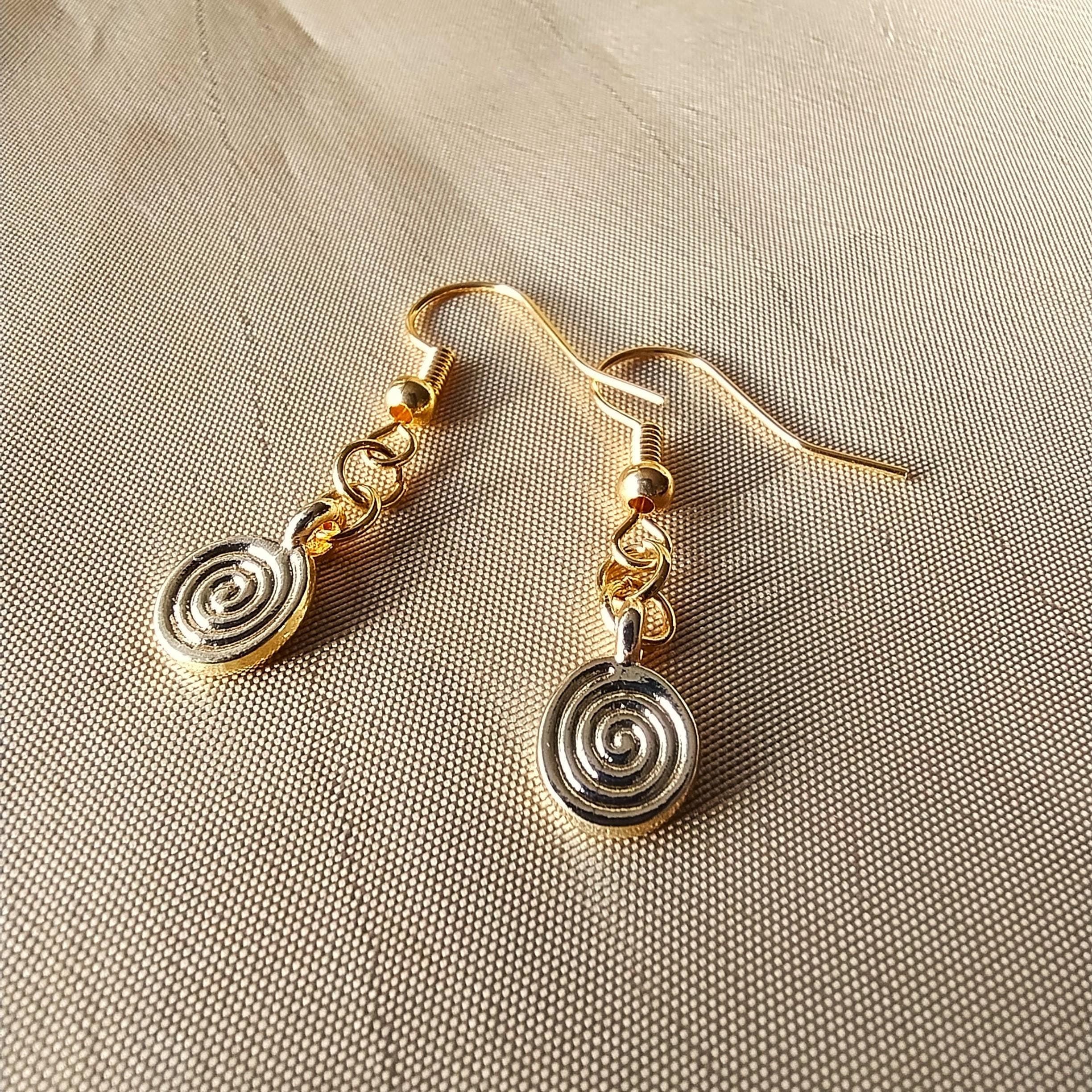 Spiral of Life Drop Dangle Earrings Ancient Symbolism Spiral Sun Disc Symbol Bronze Age Jewellery Gift Historic Costume Jewellery Gold Plate