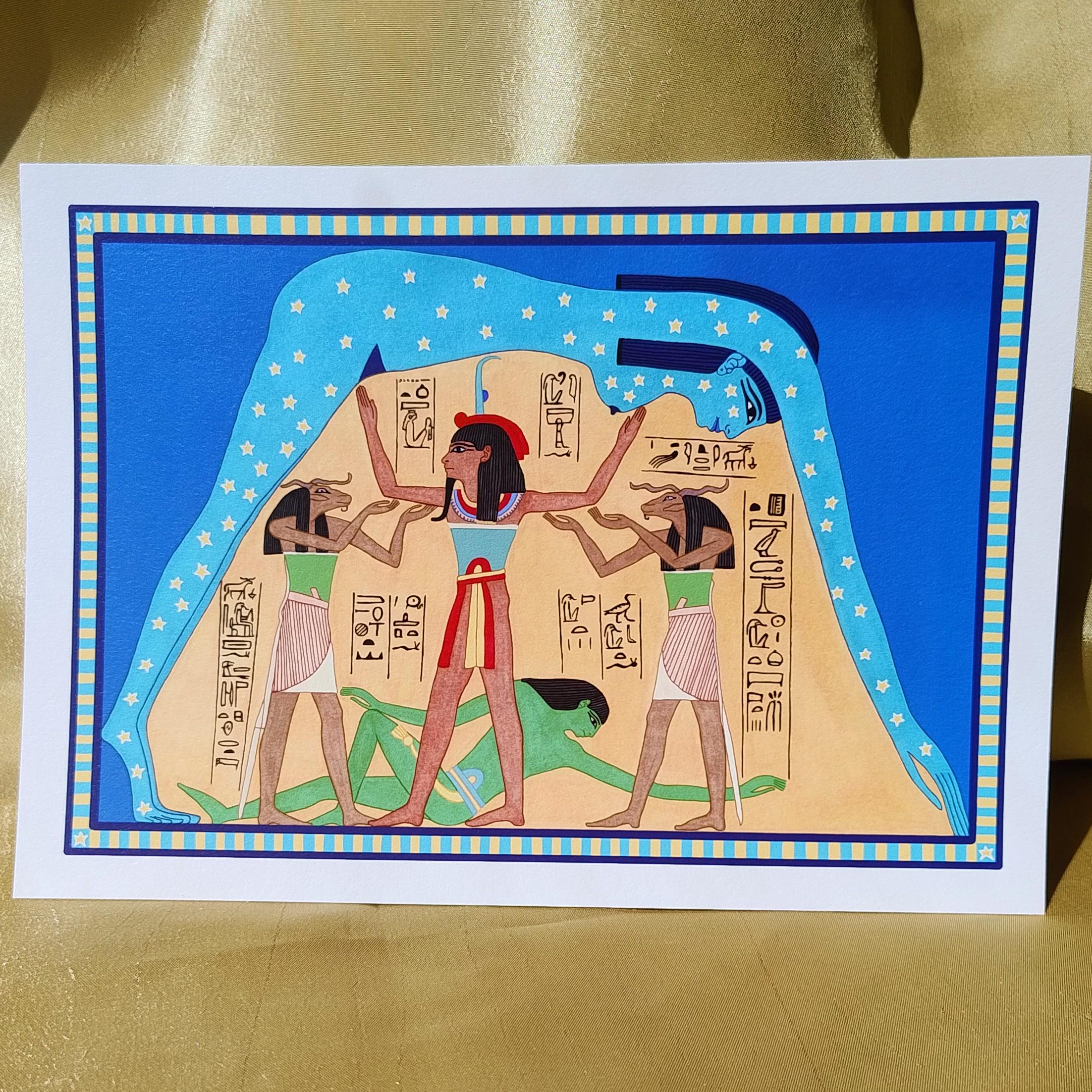 エジプト パピルス絵画 天空の女神ヌト 額縁あり。 パピルス画 天空の