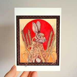 Carte de voeux Harvest Moon Lièvre Illustration originale Lièvre dans un champ de maïs Impression d'art A6
