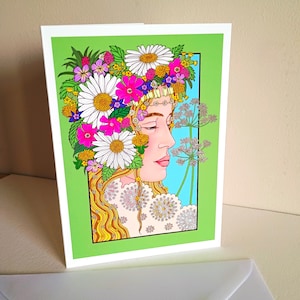 Carte de voeux de printemps pour le 1er mai de la reine de mai Illustration originale, impression d'art folklore britannique, femme avec couronne de fleurs