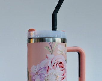 Vaso floral 3D: elegante taza de viaje de acero inoxidable de 40 oz