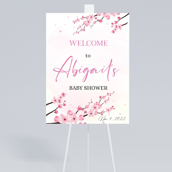 Editable Cherry Blossom Baby Shower Sign, Pink floral Baby Shower Poster, Pink White Cherry Blossom, Spring Japanese, Printable