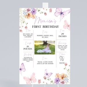 Póster editable de hitos de cumpleaños de mariposa, letrero de mariposa para el primer cumpleaños, tablero imprimible de hitos, plantilla de marco para el primer año del bebé