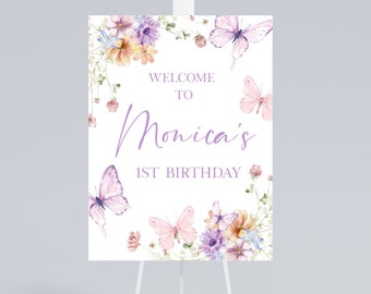 Butterfly 1st Birthday Welcome Sign: Pink & Purple Floral (Digital Download)