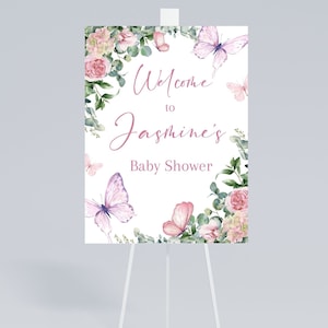 Panneau de bienvenue modifiable pour baby shower papillon, affiche de signe papillon, baby shower fille imprimable, papillon rose et violet, téléchargement immédiat