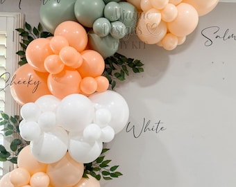 Op de afbeelding: Een 5-6 ft ballonslinger met trossen ballonnen in saliegroen, perzik, zalm en wit. Het arrangement bevat groene bladeren als accent en tekstlabels die de kleuren identificeren als Meadow, Cheeky, Salmon en White.