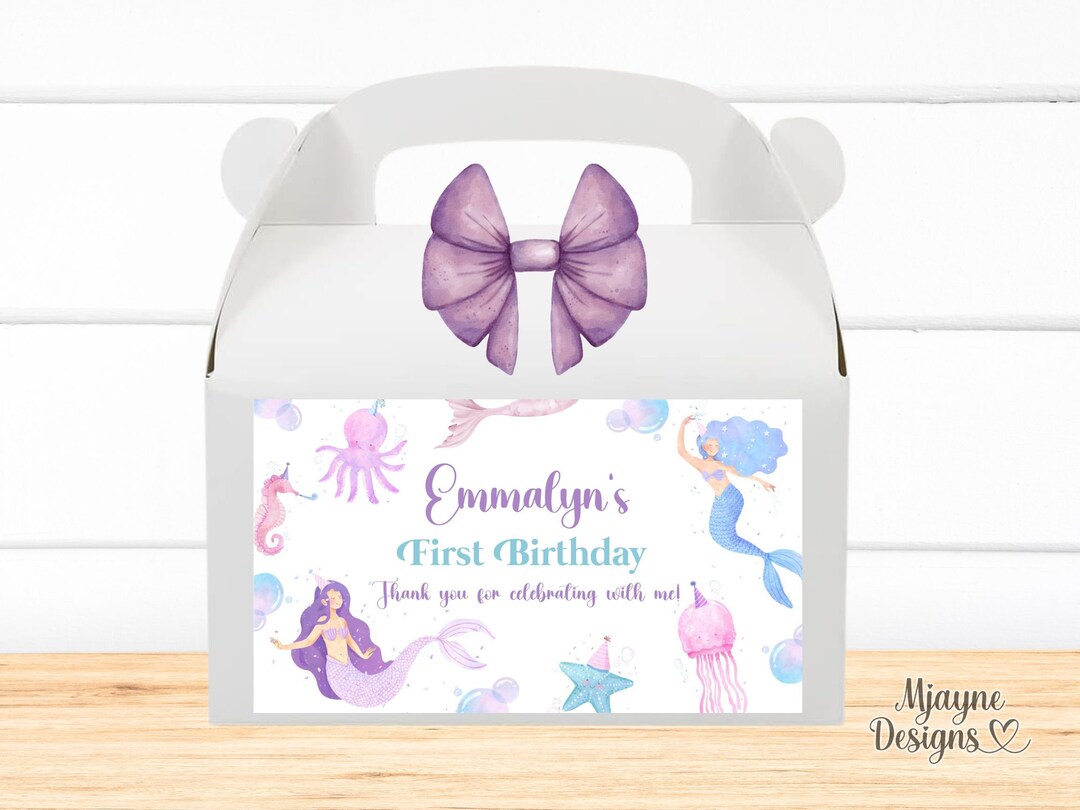 Mermaid First Birthday Gable Box Label Template (digital Download) - Etsy