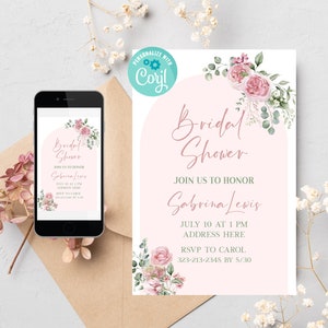 Editable Bridal Shower Invitation, Electronic Pink Bridal Invite, Bridal Brunch Invite, Pink Floral Bridal Shower