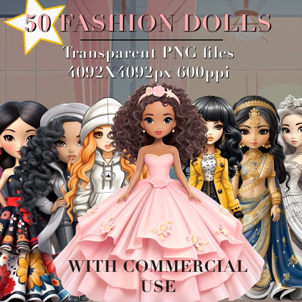 Fashion Dolls Clipart Bundle. 50 digital downloadable kawaii dolls clipart. Transparent background png files, 600ppi 4096x4096px.