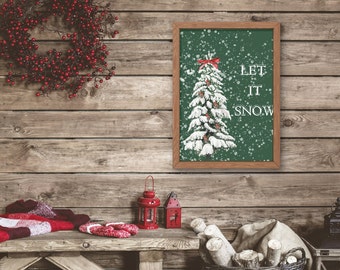 Let It Snow Weihnachten Wand Kunst, sofortiger Download, Digitaldruck, Weihnachtsdekor, Aquarell verschneiten Urlaub Kiefer, Urlaub Dekoration Kunst