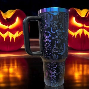 Laser Engraved Halloween Tumbler: Spooky Ghosts, Black Chroma, 30oz/40oz