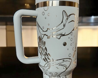 Fin-Tastic laser engraved shark tumbler, gift, 12oz skinny cooler can, 30oz, 40oz