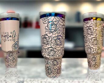 Flowers 40oz laser engraved Pink rainbow tumbler, roses