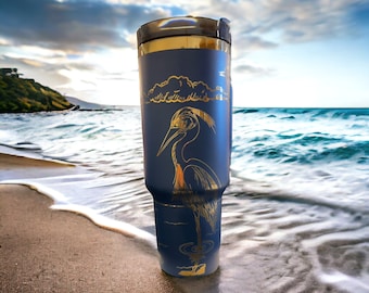 40oz laser engraved Heron in water tumbler, gift, bird watcher