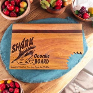 Laser Engraved Shark Coochie Charcuterie Board | Funny Shark Bite Cutting Board | Charcuterie Gift | Shark Week Party Board