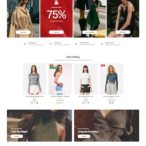 Puede incluir: Página de inicio de un sitio web con un banner de rebajas navideñas con un 75% de descuento y exhibiciones de productos. Incluye secciones para novedades, los más vendidos, focos de color y artículos únicos para el día a día. Iconos de redes sociales en la parte inferior.