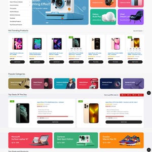 May include: A website homepage for an online store called Morata, featuring a variety of products including electronics, home goods, and fashion. The website has a blue and white color scheme and features a large image of a vintage camera. The website also includes a section for hot trending products, popular categories, and top deals of the day.