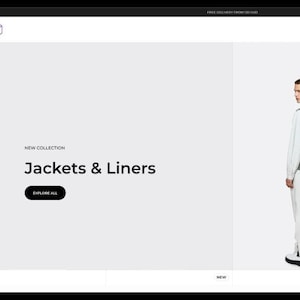 May include: A website screenshot showing a preview of the Split theme for Shopify. The theme is described as being great for visual brands with a story to tell. The website shows a model wearing a green jacket and white pants. The text "Jackets & Liners" is displayed in a large font.