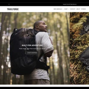 May include: A website screenshot showing a black backpack with the text "Built for Adventure" and the brand name "Trailforge". The website also features a black and gray water-resistant pouch with the text "Trail Proven".