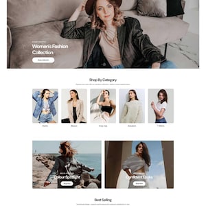Puede incluir: Una página de inicio del sitio web "milano" con una mujer que lleva una blazer y un sombrero, con el texto "Colección de moda femenina". A continuación, imágenes de categorías para denim, blazers, crop tops, suéteres y camisetas. Secciones adicionales incluyen "Colour Spotlight" y "Confident Looks".