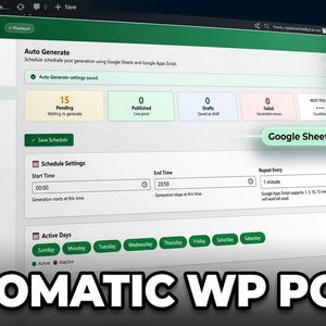 Puede incluir: Captura de pantalla de una interfaz de sitio web con el texto "CookGen AI" y "Automatic WP Posts". La interfaz muestra la configuración para generar publicaciones automáticamente utilizando Google Sheets. También es visible un icono de Google Sheets.