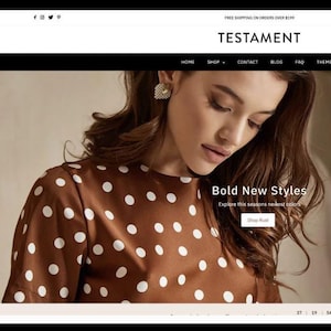 May include: A website screenshot showcasing the "Testament" theme for online stores. The theme features a bold, modern design with a focus on showcasing products. The website is designed to be conversion-focused and mobile-optimised for fast online shopping. The website features a large image of a woman wearing a brown and white polka dot dress. The text "Bold New Styles" is displayed on the website.