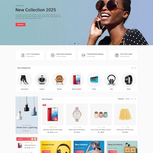 Op de afbeelding: De startpagina van een online winkel genaamd Zenex, met een vrouw die een zonnebril draagt en aan de telefoon is. De website adverteert met gratis wereldwijde verzending, een geld-terug-garantie en een nieuwe collectie voor 2025. De startpagina toont ook een verscheidenheid aan producten, waaronder koptelefoons, horloges en kleding.