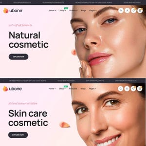 Könnte beinhalten: Website-Banner für "ubone" mit Hautpflegeprodukten. Das Banner zeigt das Gesicht einer Frau und die Texte "Natural cosmetic" und "Skin care cosmetic". Es gibt auch einen Button mit der Aufschrift "Explore Now" und einen 20% Rabatt.