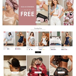 May include: Silk Silky website showcasing silk accessories such as sleep masks, scrunchies, and lingerie. The banner advertises a "Free" offer on the 4th item. Trending now: silk pajamas, nightgowns, and bedding.