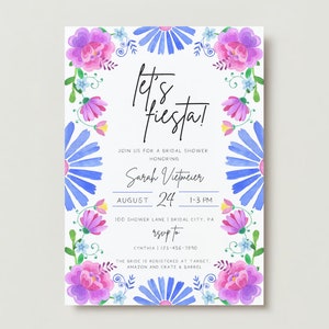Printable Bridal Shower Invitation, Let's Fiesta Bridal Shower, Colorful Flowers, Watercolor Bridal Shower Invitation, INSTANT DOWNLOAD
