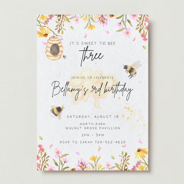 Printable Bee Birthday Invitation, It's Sweet to Bee Invitation, Bee Party, Garden Party, Three Year Old Birthday Party, INSTANT DOWNLOAD