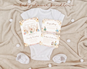 Pacote de convites para chá de bebê com tema Peter Rabbit (Download digital)