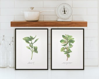 SET of 2 Farmhouse Herb Prints, Modern Rustic Watercolor Botanical Herb Prints, Kitchen Gallery Wall Art, Botanical Art Prints
