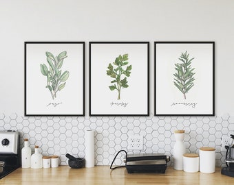 SET of 3 Farmhouse Herb Prints, Modern Rustic Watercolor Botanical Herb Prints, Kitchen Gallery Wall Art, Botanical Art Prints