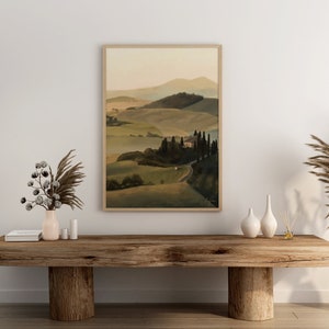 Landscape Oil Painting Print, Vintage Style Landscape, Home Decor, Serene Wall Art, Trees, Mountains, Sunset Art, Golden Hour