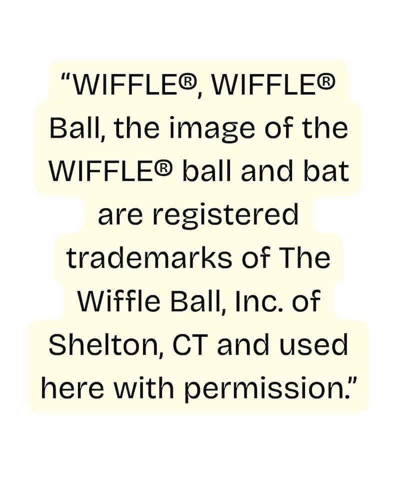 Op de afbeelding: Tekst op een lichtgele achtergrond: "WIFFLE&reg;, WIFFLE&reg; Ball, de afbeelding van de WIFFLE&reg; bal en knuppel zijn geregistreerde handelsmerken van The Wiffle Ball, Inc. uit Shelton, CT en hier gebruikt met toestemming."